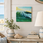 12x12" original oil painting of a surfer in the curl of a huge wave, shown in a seaside cottage