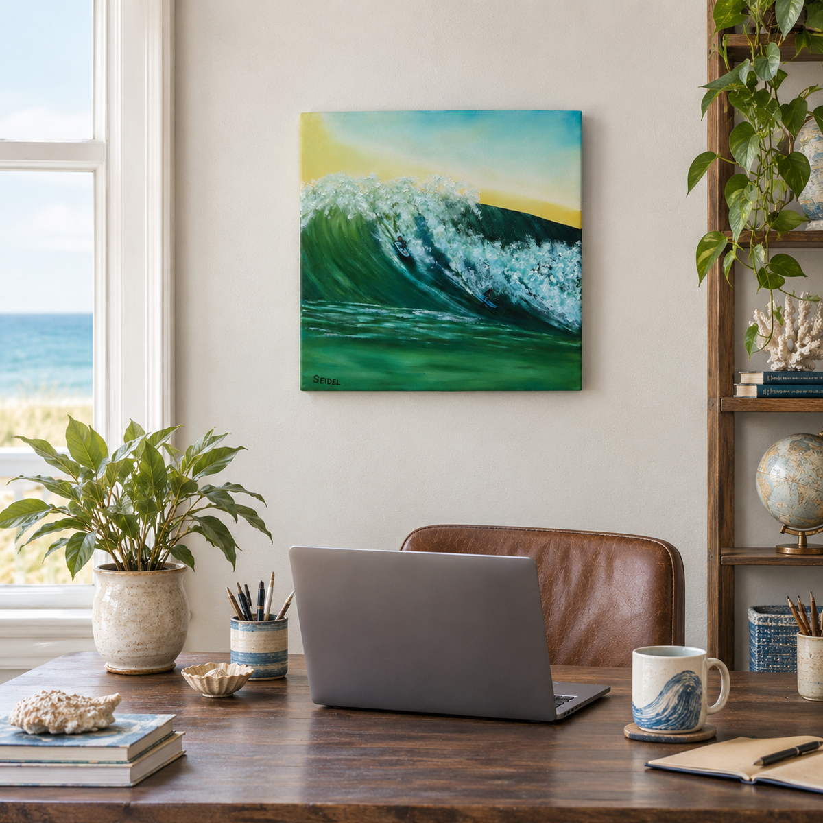 12x12" original oil painting of a surfer in the curl of a huge wave, shown here in an office