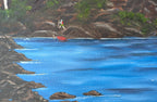 original 11x14  oil painting, lighthouse on cliff, ocean, people heading to work, showing a close-up of one of the workers