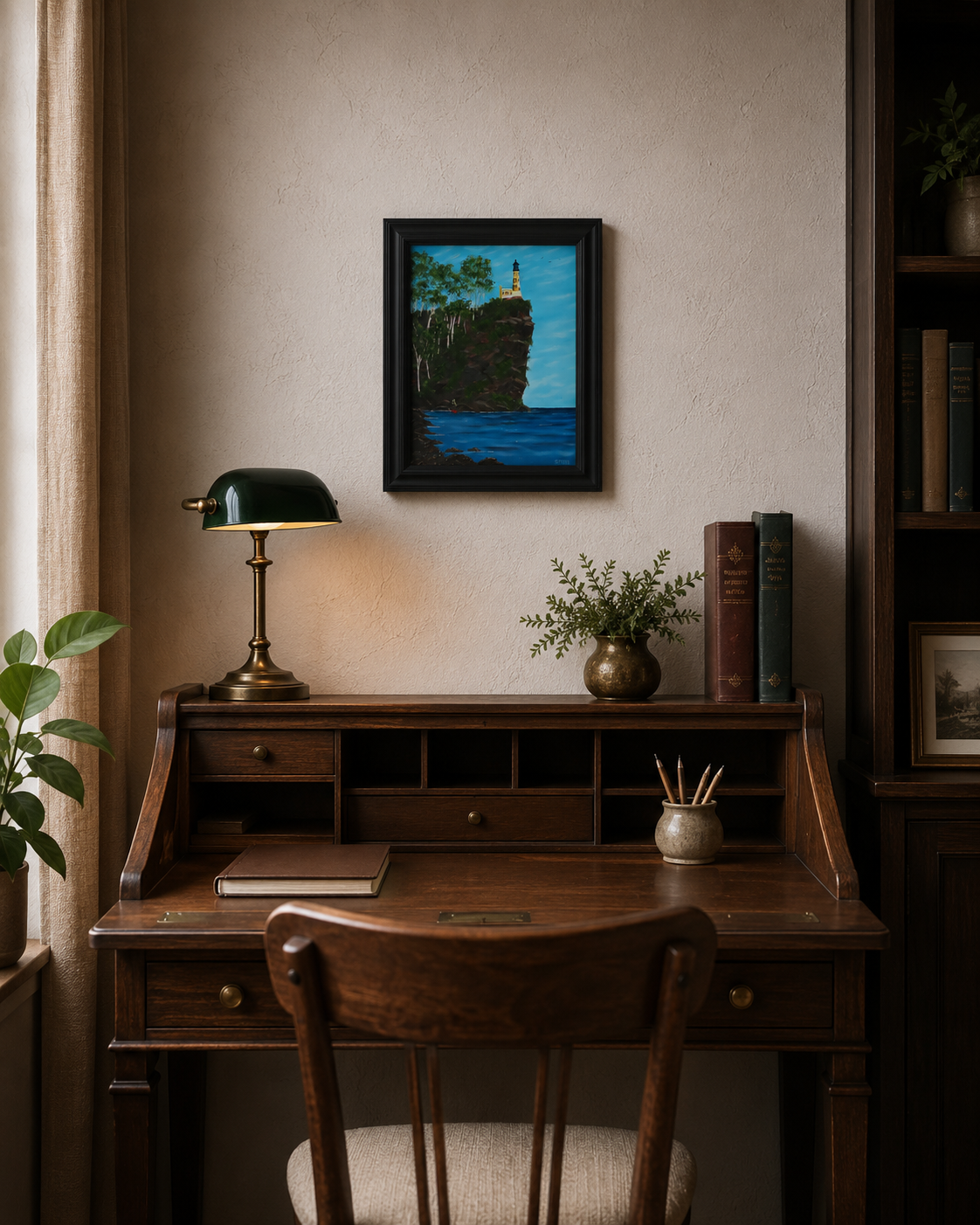 original oil painting, lighthouse on cliff, ocean, people heading to work, framed, desk
