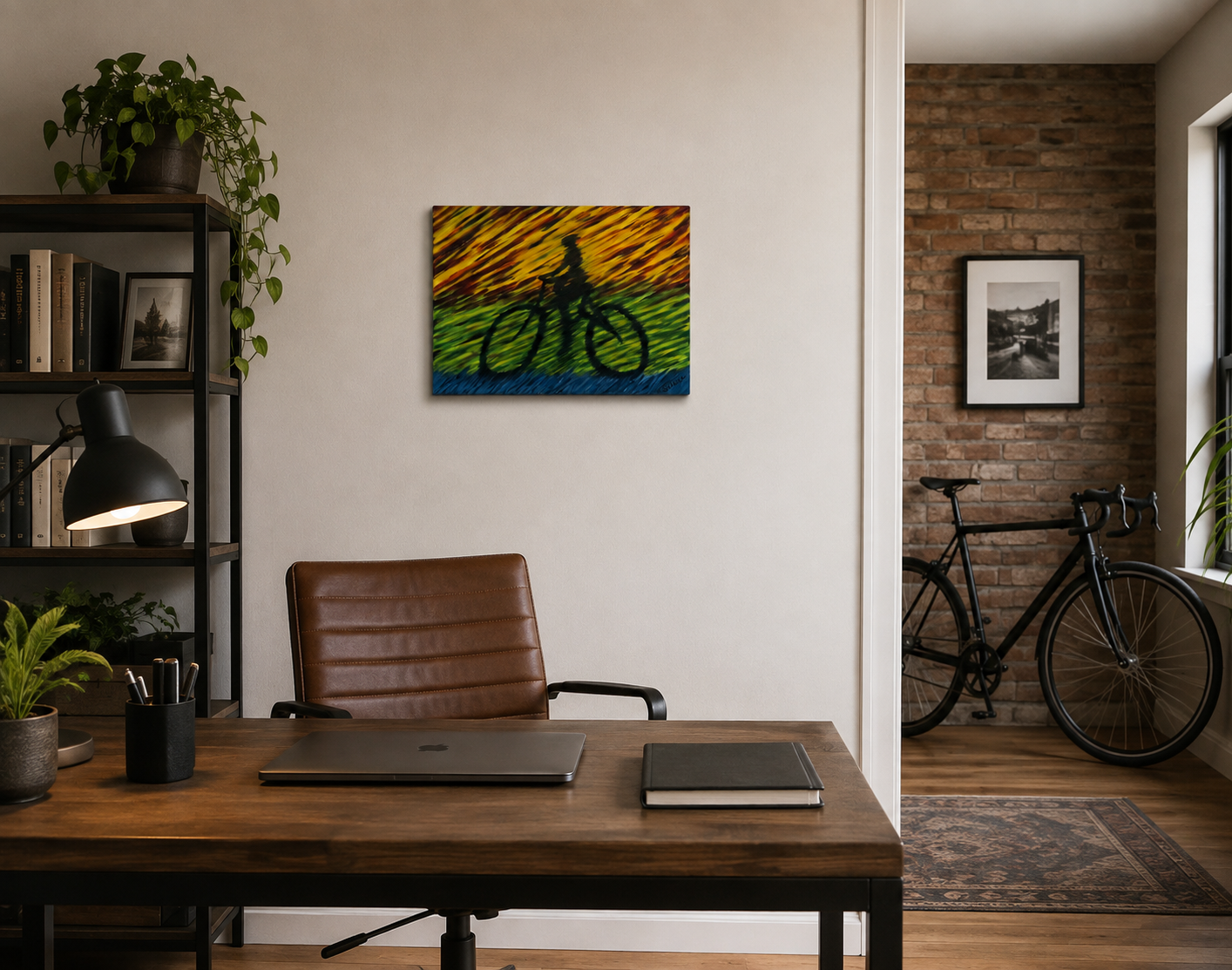 original oil painting monochomatic abstraced mountain peak with golden round boulder on top as a contrasting focal point, 11x14 unframed, dislayed in office by desk