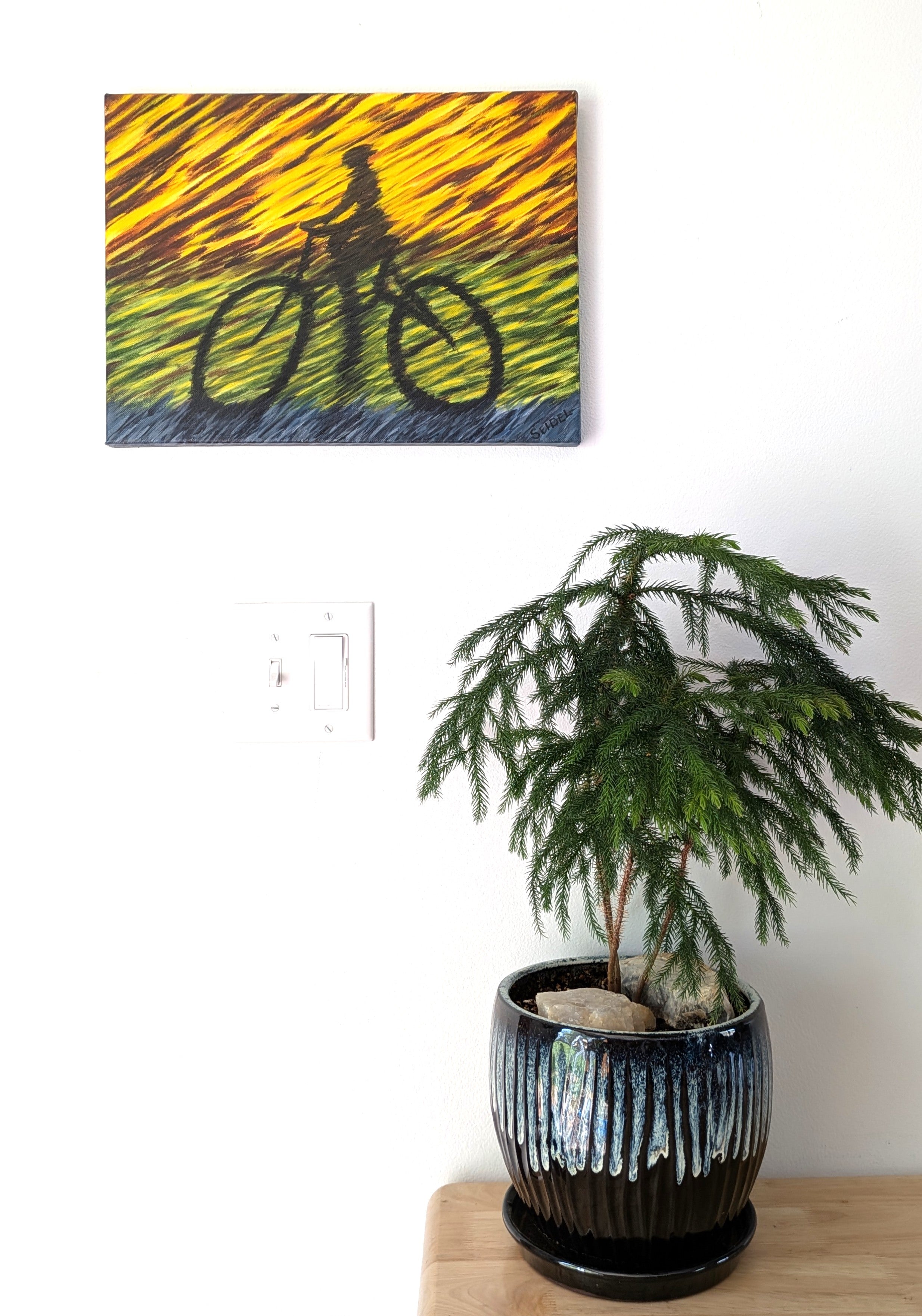 original abstract acrylic painting, the shadow of a racing bicyclist, unframed, show painting on wall over table