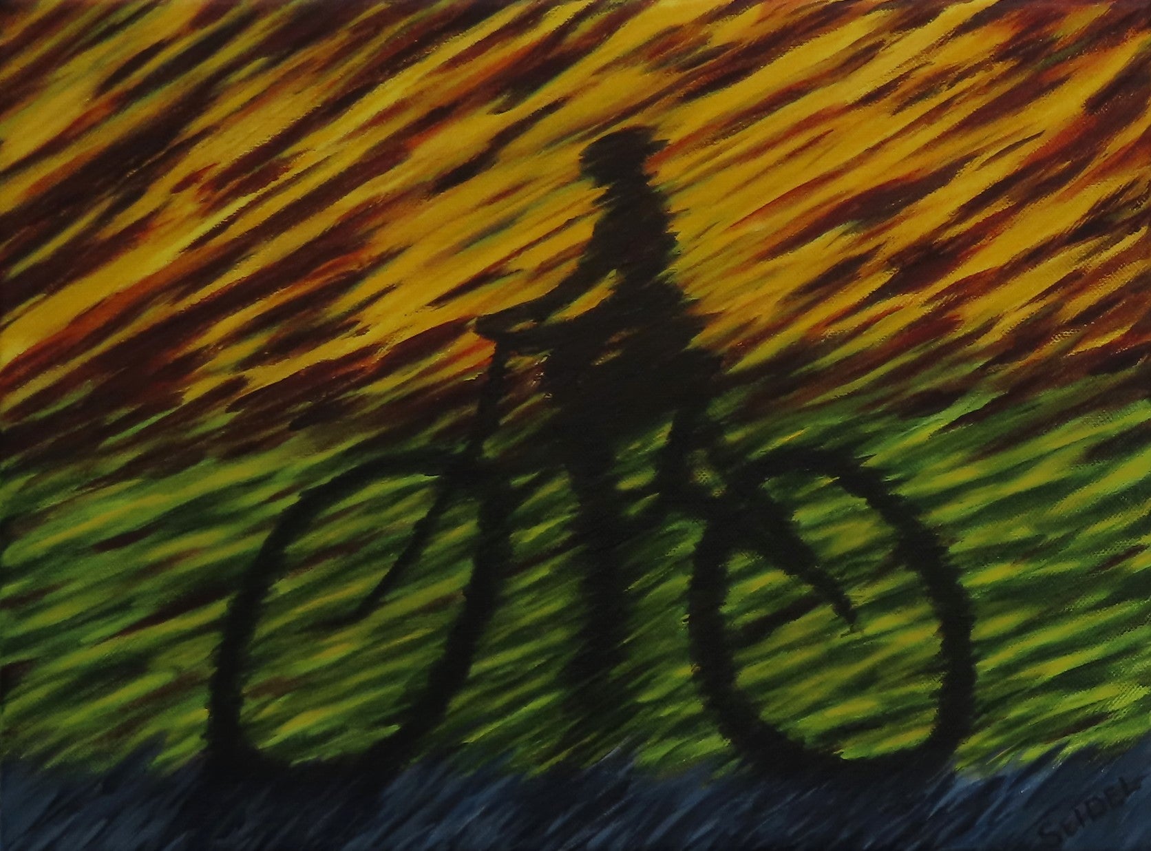 original abstract acrylic painting, the shadow of a racing bicyclist, unframed