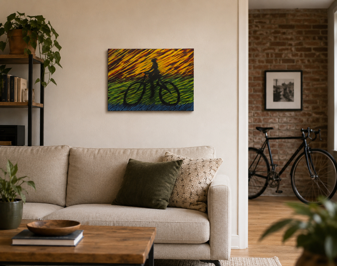 original oil painting monochomatic abstraced mountain peak with golden round boulder on top as a contrasting focal point, 11x14 unframed, displayed over sofa