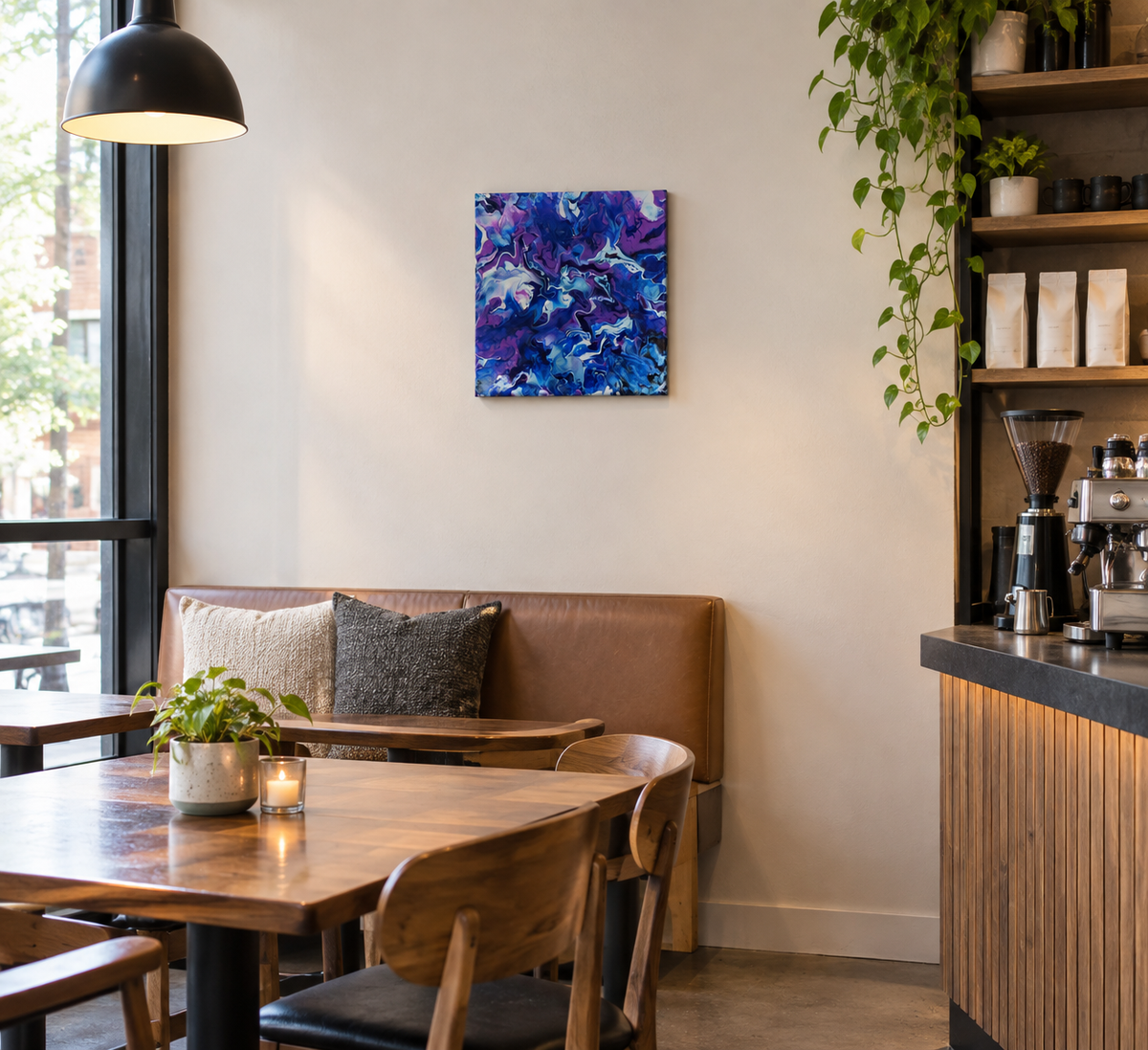original abstract poured acrylic painting on 12x12" canvas, bright swirling purples, white and rich blues seem so  energetic that they could be moving, shown in a cafe