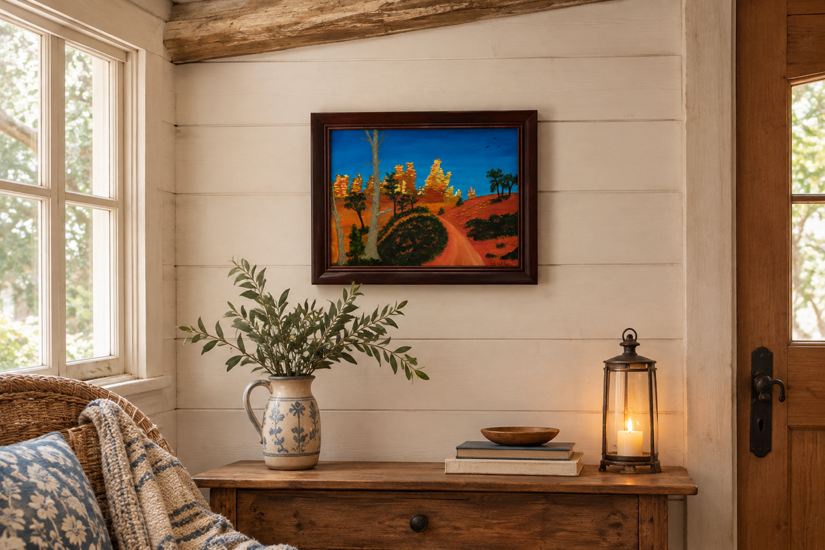 11x14" original oil painting, hiking trail in  Bryce Canyon national park, framed, shown in a mountain cabin