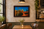 11x14" original oil painting, hiking trail in  Bryce Canyon national park, framed, shown in a cafe