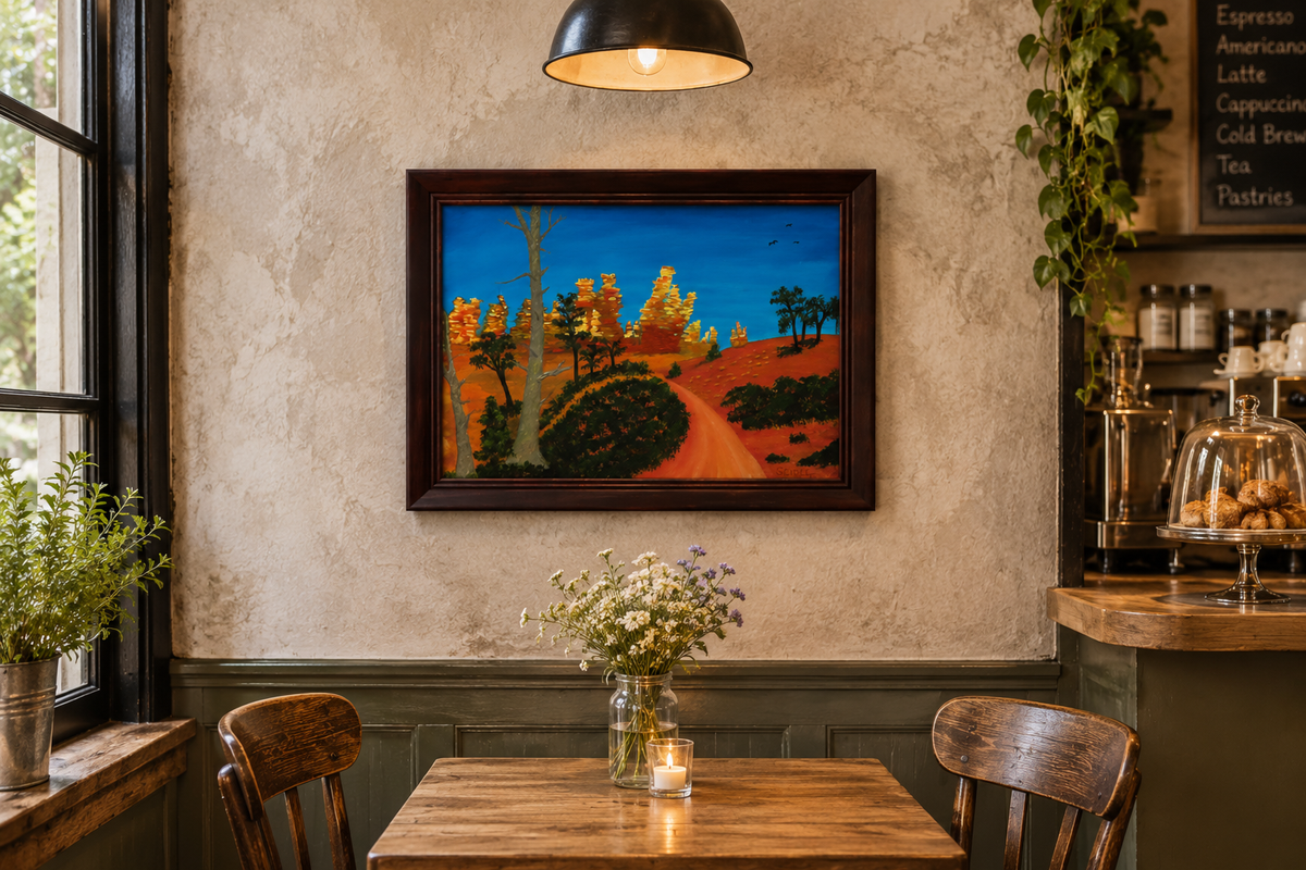 11x14" original oil painting, hiking trail in  Bryce Canyon national park, framed, shown in a cafe