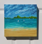 12x12" original oil painting on deep cradle canvas of turquoise ocean, sandy beach with sailboats and mountains in the distance 