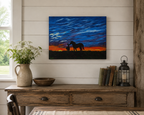 original oil painting, mare and foal in field at sunset, deep cradle canvas, unframed, pictured in farmhouse