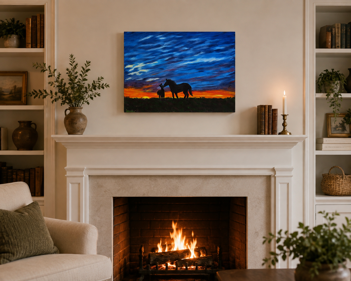 original oil painting, mare and foal in field at sunset, deep cradle canvas, displayed over fireplace