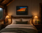 original oil painting, vibrant sunset, lake, trees paragliders flying home, framed, displayed over bed