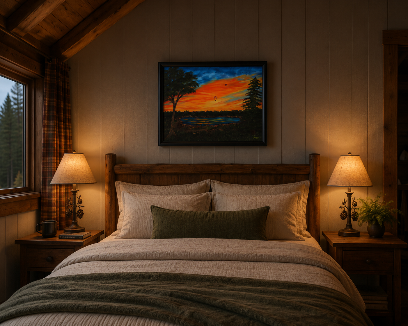 original oil painting, vibrant sunset, lake, trees paragliders flying home, framed, displayed over bed