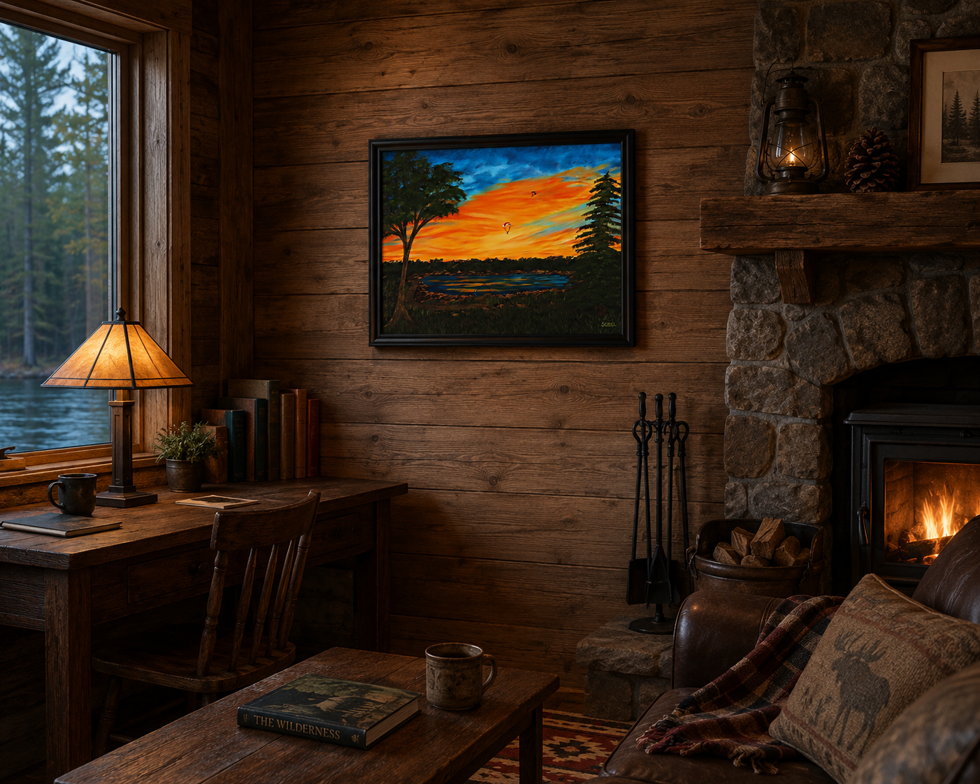 original oil painting, vibrant sunset, lake, trees paragliders flying home, framed, displayed in cabin