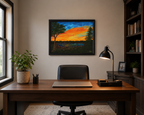 original oil painting, vibrant sunset, lake, trees paragliders flying home, framed, displayed behind office desk