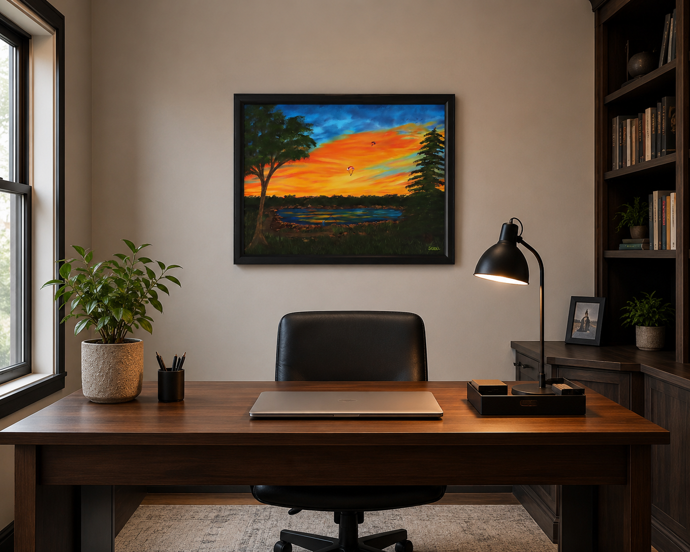 original oil painting, vibrant sunset, lake, trees paragliders flying home, framed, displayed behind office desk