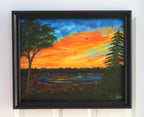 original oil painting, vibrant sunset, lake, trees paragliders flying home, framed