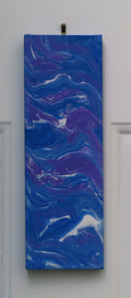 4 inches wide by 12 inches tall, liquid acrylic painting with blues, purple and white