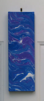 4 inches wide by 12 inches tall, liquid acrylic painting with blues, purple and white