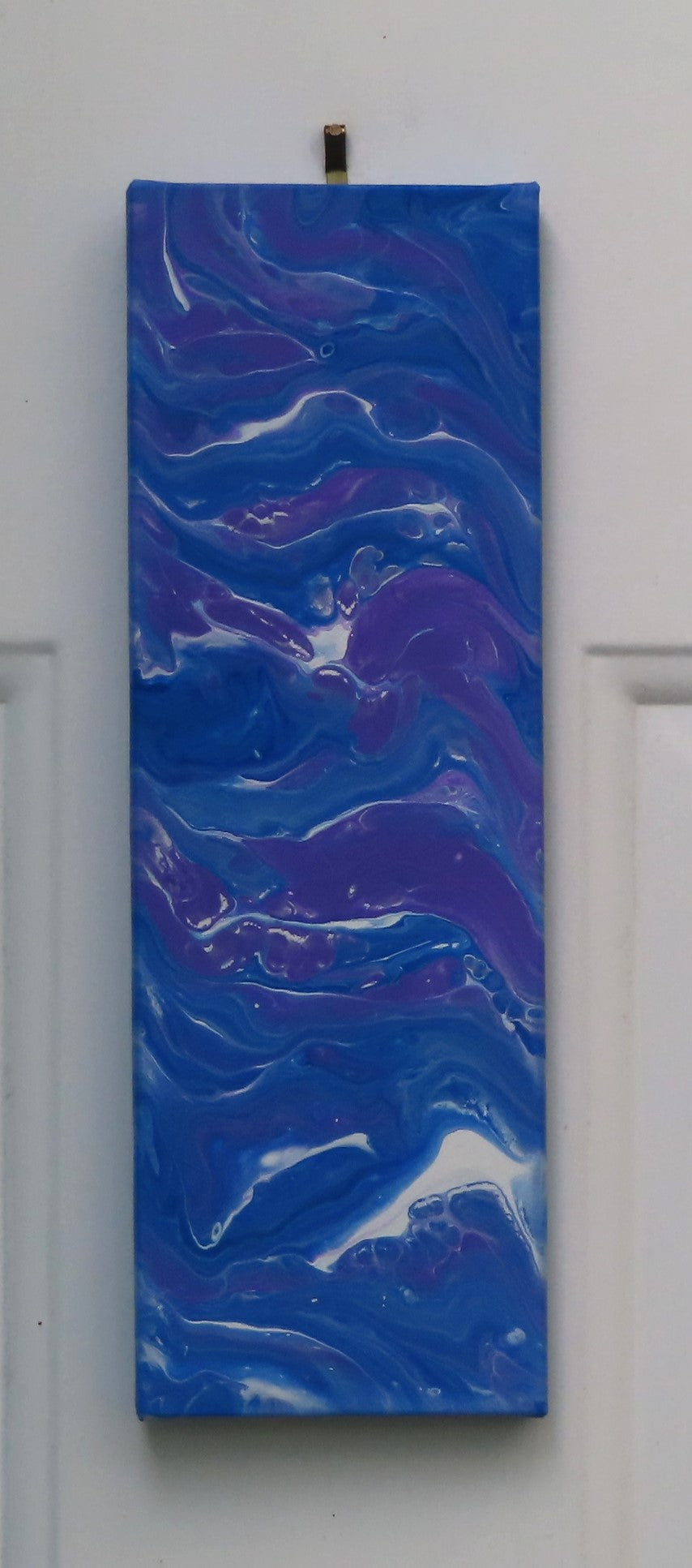 4 inches wide by 12 inches tall, liquid acrylic painting with blues, purple and white