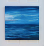 24x24" deep cradle original oil painting featuring an abstract serene blue ocean horizon with soft pastel sky