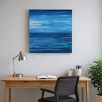 24x24" deep cradle original oil painting featuring an abstract serene blue ocean horizon with soft pastel sky displayed over a home office desk