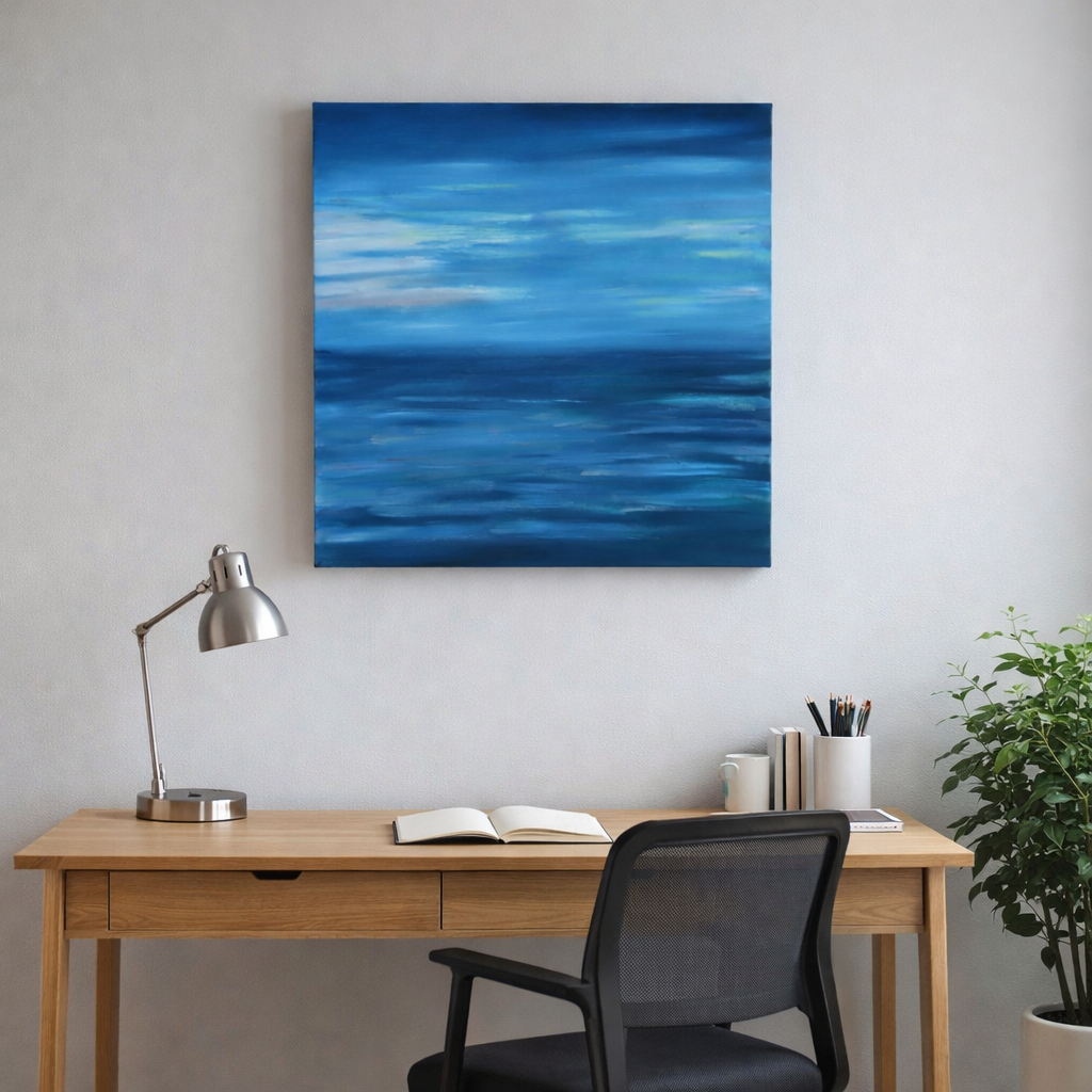 24x24" deep cradle original oil painting featuring an abstract serene blue ocean horizon with soft pastel sky displayed over a home office desk
