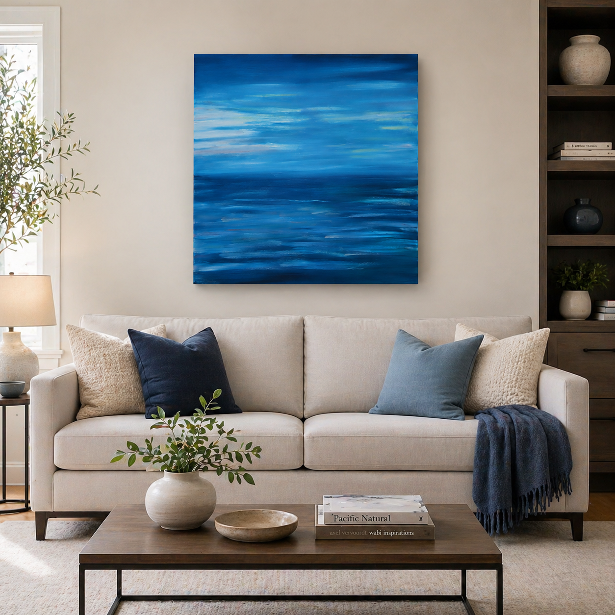 24x24" deep cradle original oil painting featuring an abstract serene blue ocean horizon with soft pastel sky displayed over a sofa