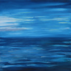 24x24" deep cradle original oil painting featuring an abstract serene blue ocean horizon with soft pastel sky