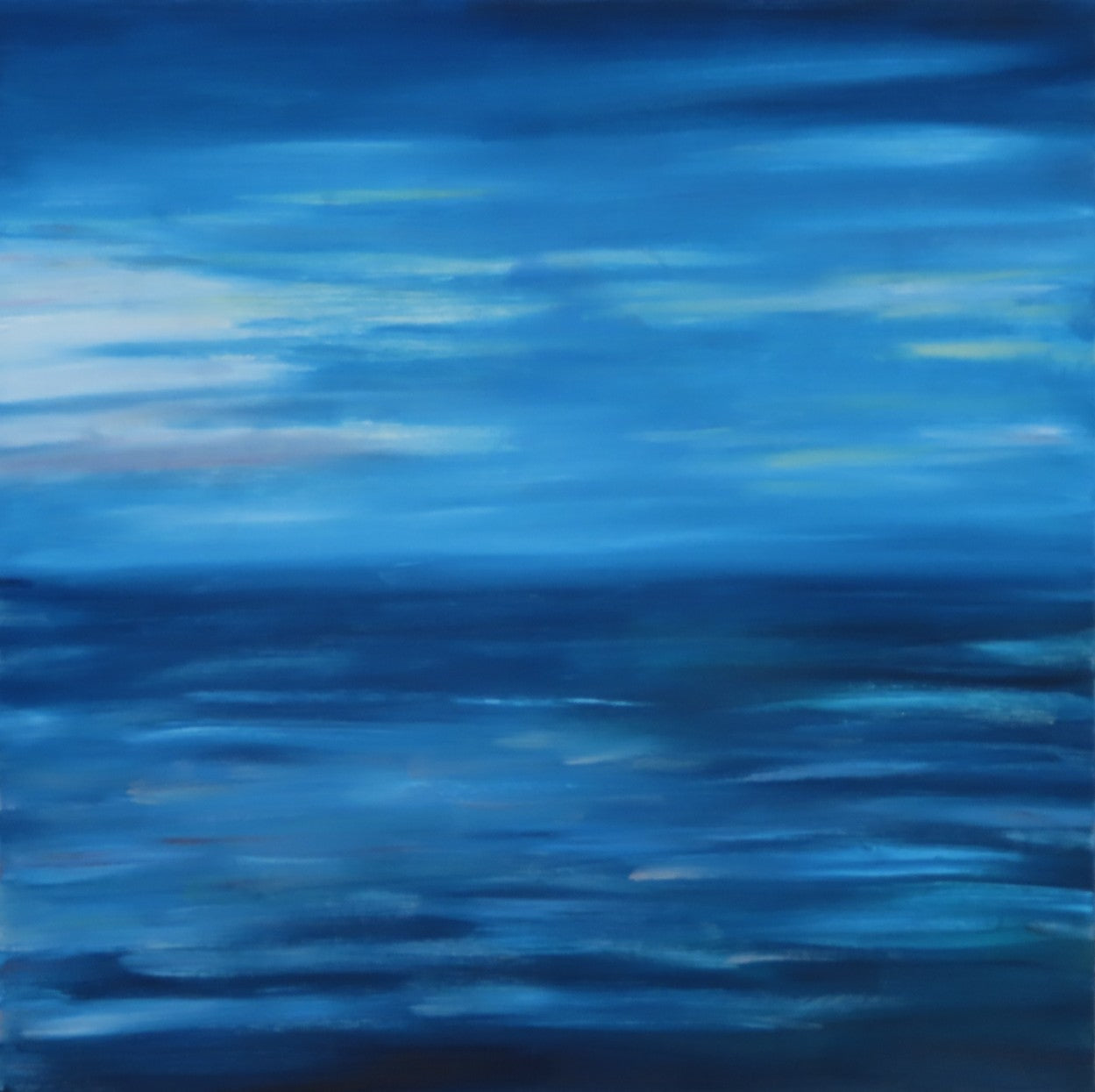 24x24" deep cradle original oil painting featuring an abstract serene blue ocean horizon with soft pastel sky