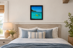 8x10" original acrylic-painting of two kayakers in a calm cove heading toward another island, beautiful turquoise water and blue sky, shown in a bedroom