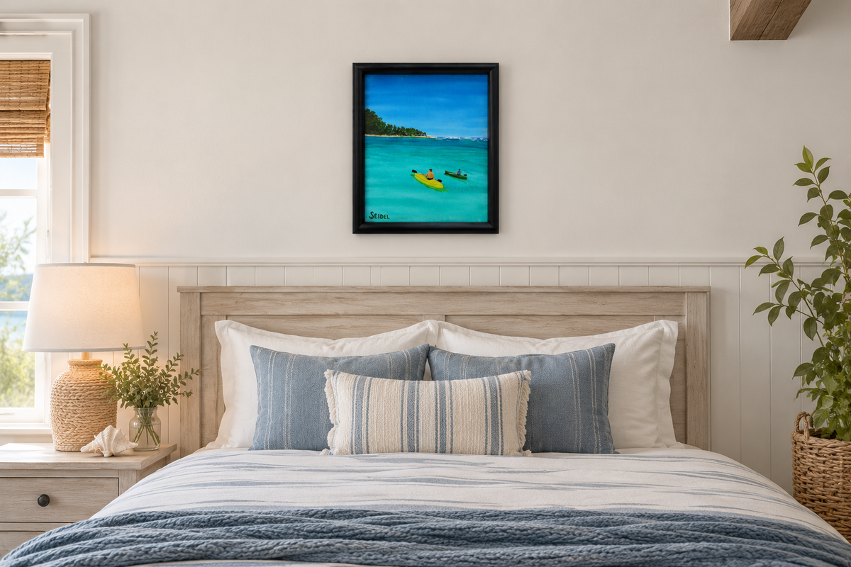 8x10" original acrylic-painting of two kayakers in a calm cove heading toward another island, beautiful turquoise water and blue sky, shown in a bedroom
