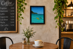 8x10" original acrylic-painting of two kayakers in a calm cove heading toward another island, beautiful turquoise water and blue sky, shown in a cafe