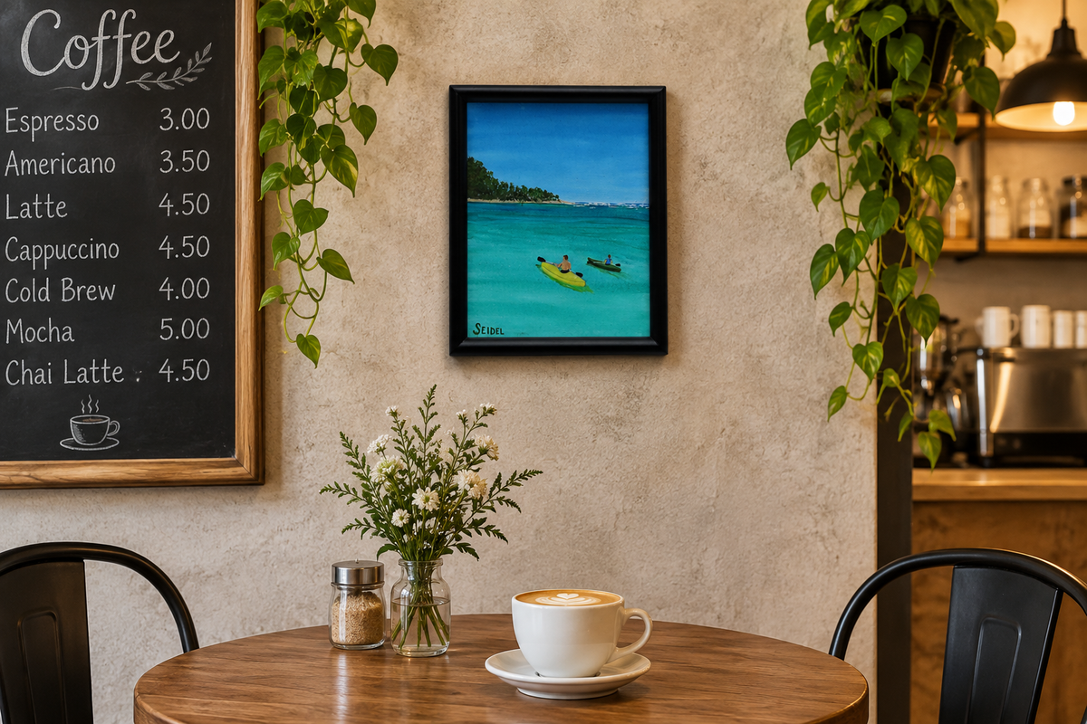 8x10" original acrylic-painting of two kayakers in a calm cove heading toward another island, beautiful turquoise water and blue sky, shown in a cafe