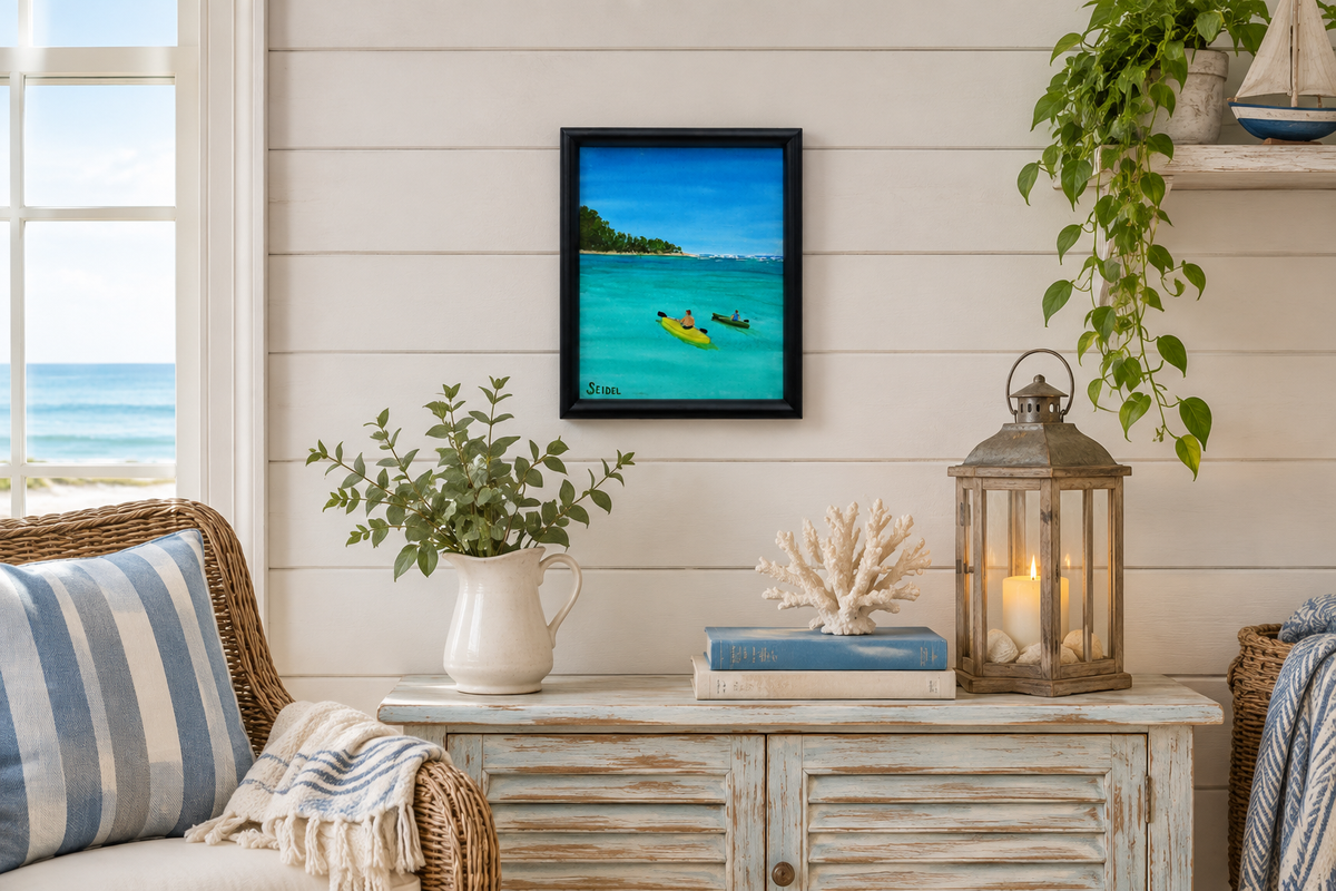 8x10" original acrylic-painting of two kayakers in a calm cove heading toward another island, beautiful turquoise water and blue sky, shown in a seaside cottage
