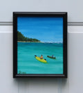 8x10" original acrylic-painting of two kayakers in a calm cove heading toward another island, beautiful turquoise water and blue sky