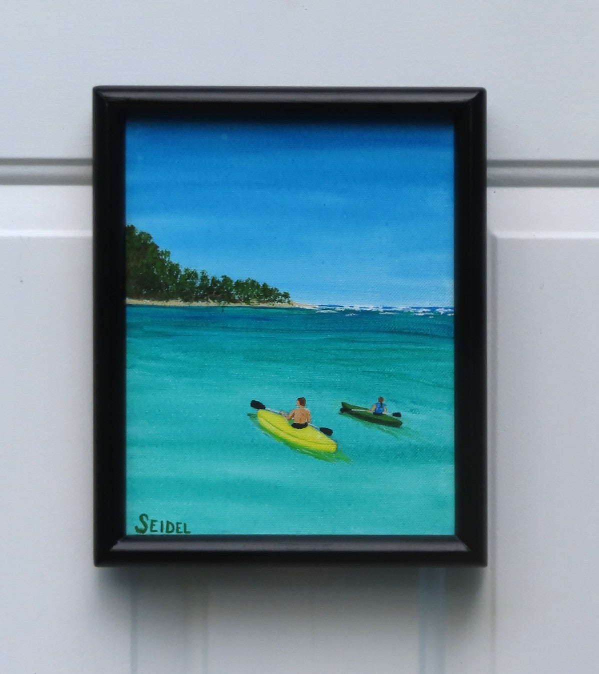 8x10" original acrylic-painting of two kayakers in a calm cove heading toward another island, beautiful turquoise water and blue sky