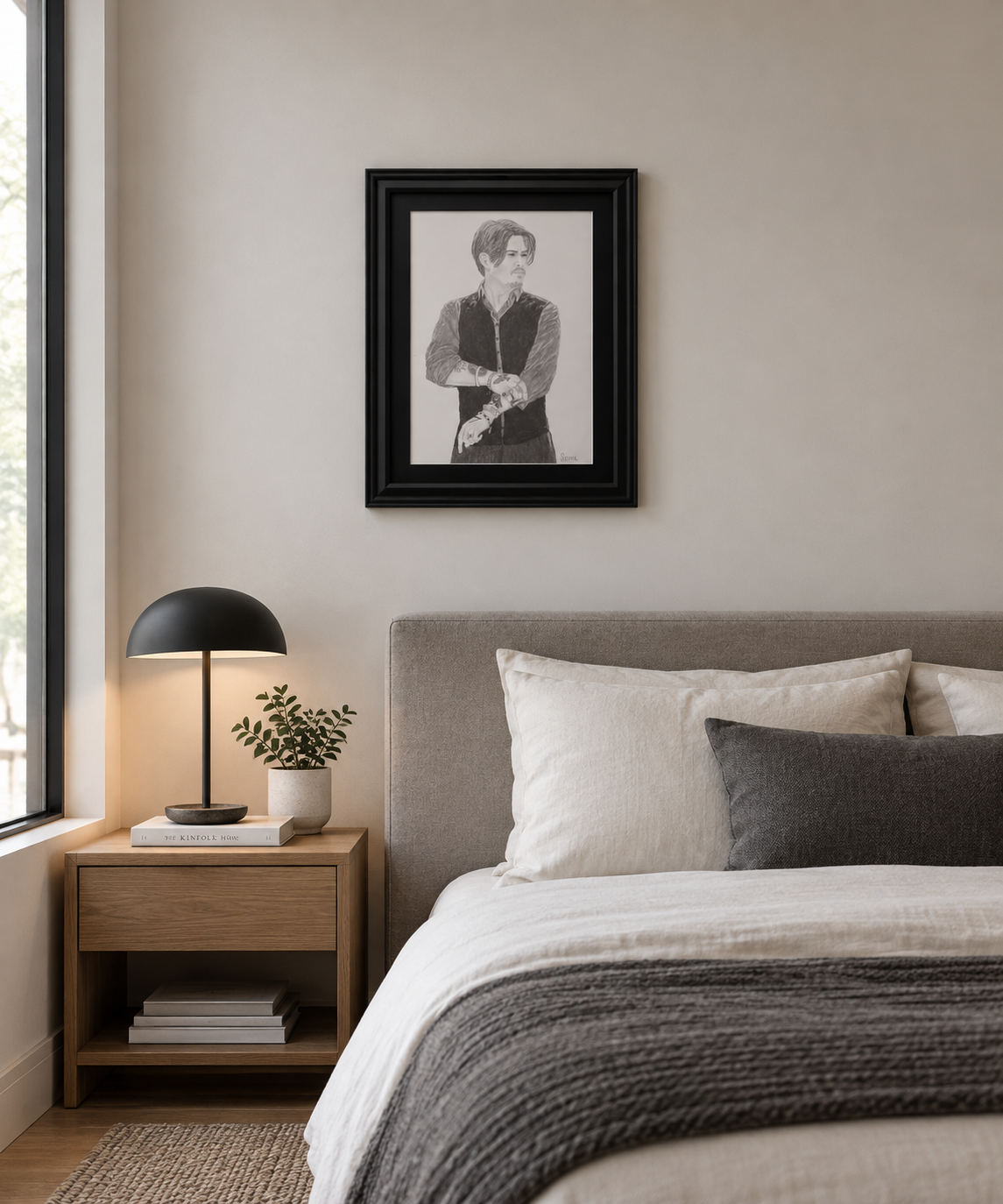 9x12" original graphite drawing of Johnny Depp, shown in a bedroom