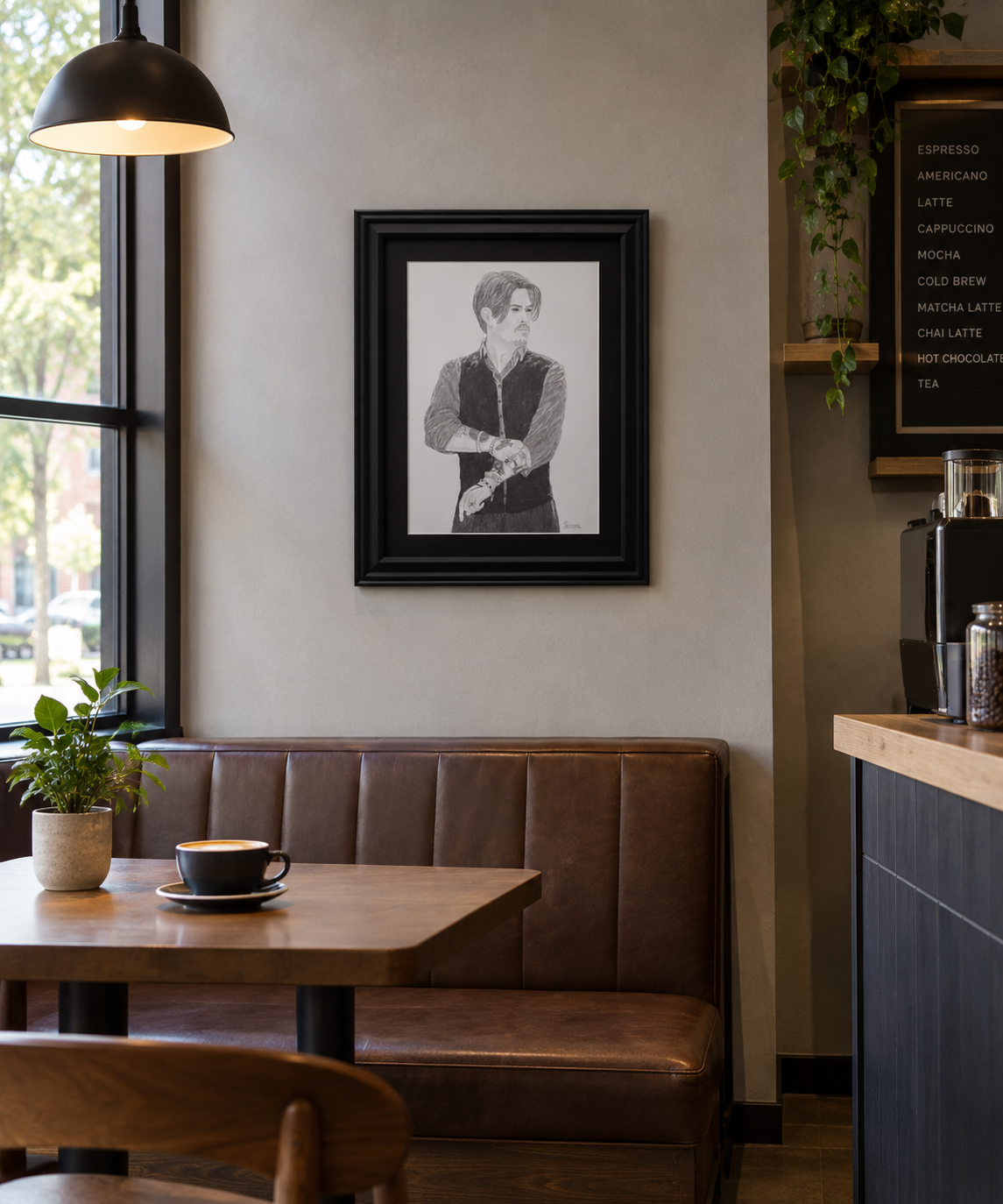 9x12" original graphite drawing of Johnny Depp, shown in a cafe