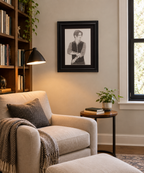 9x12" original graphite drawing of Johnny Depp, shown in a reading nook