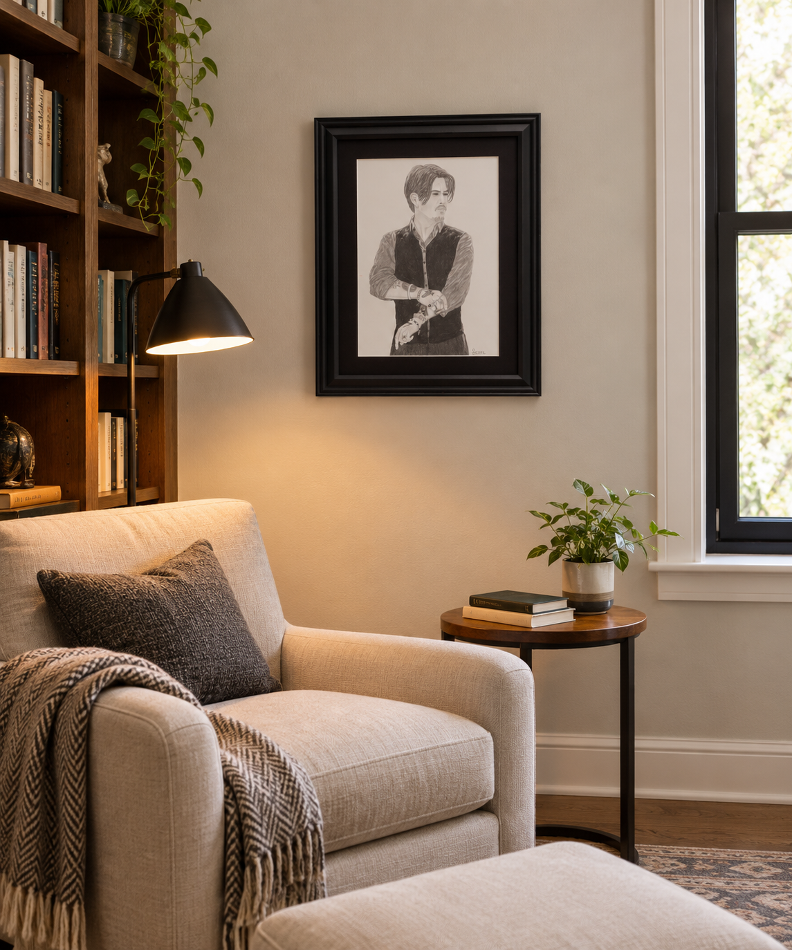 9x12" original graphite drawing of Johnny Depp, shown in a reading nook