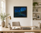 16x20 original oil painting of a night scene of ocean and cascading auroras in sky, original oil painting, shown in a modern office
