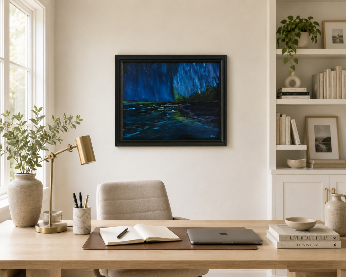 16x20 original oil painting of a night scene of ocean and cascading auroras in sky, original oil painting, shown in a modern office