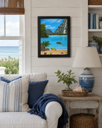 original oil painting of lovely blue water, beach and waterfall surrounding a cove with kayak, framed, displayed in seaside cottage