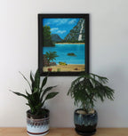 original oil painting of lovely blue water, beach and waterfall surrounding a cove with kayak, framed, displayed over table