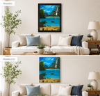 original oil painting of lovely blue water, beach and waterfall surrounding a cove with kayak, displayed over sofa framed and unframed