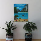 original oil painting of lovely blue water, beach and waterfall surrounding a cove with kayak, unframed, displayed over table