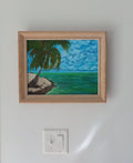 original oil painting of tropical island, kayakers on ocean, palm tree on sandy beach, framed