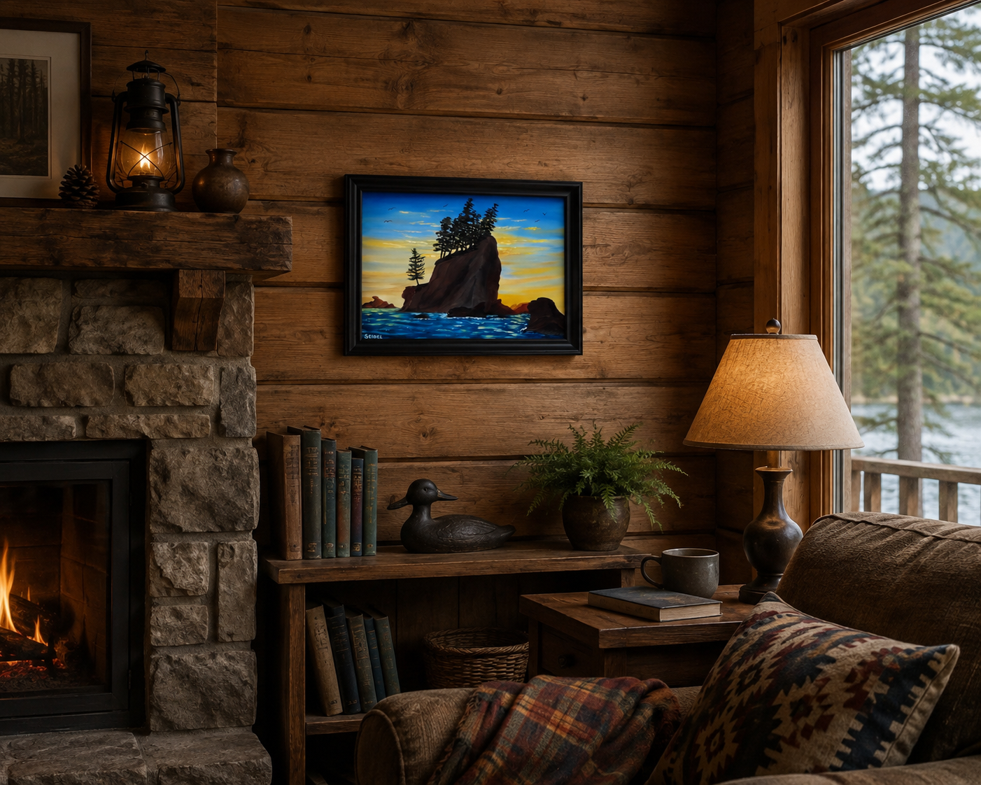 original oil painting, ocean, seastacks, evergreens and beautiful sunset, framed, displayed in a cabin
