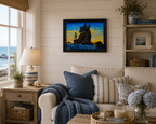 original oil painting, ocean, seastacks, evergreens and beautiful sunset, displayed in seaside cottage